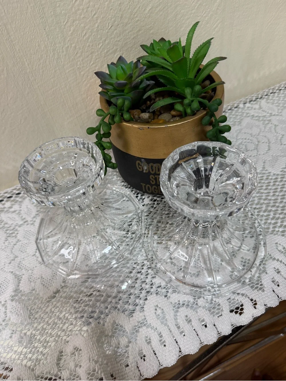 ST GEORGE | TOWLE 24% Fine Lead  Two Crystal Hurricane Lamp Pedestal Base